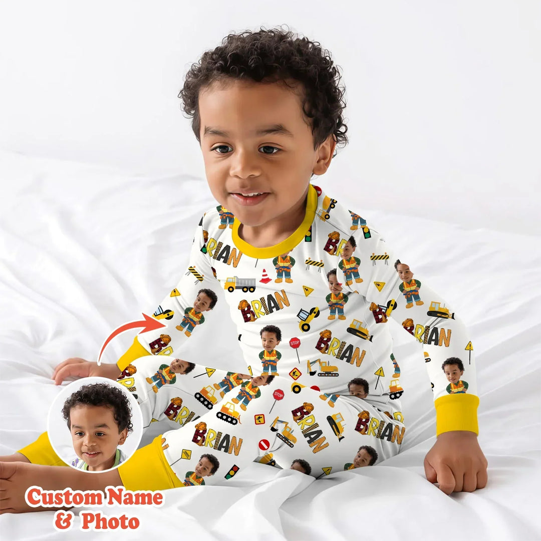 Custom Photo Doodle Little Builder Bamboo Two Piece Long Sleeve Pajama Set