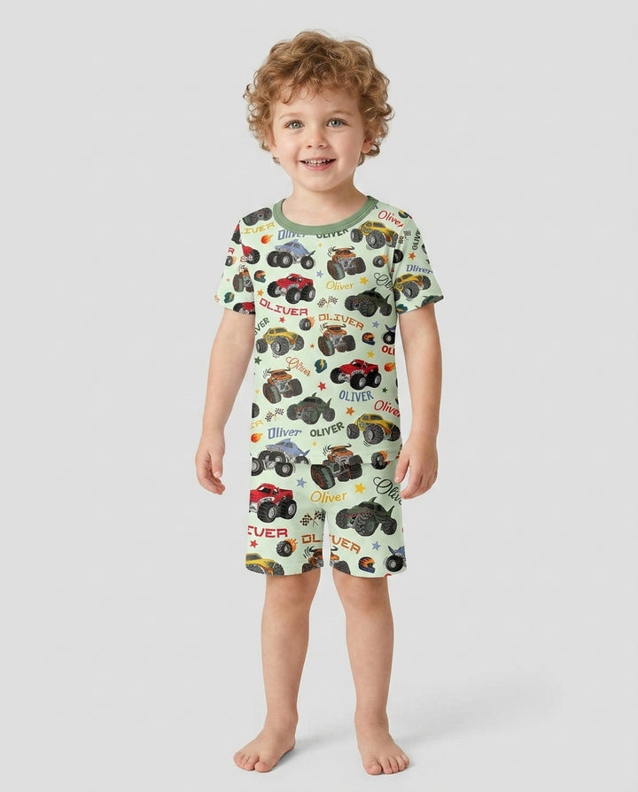Personalized Monster Truck Bamboo Two Piece Short Sleeve Shorts Pajama Set