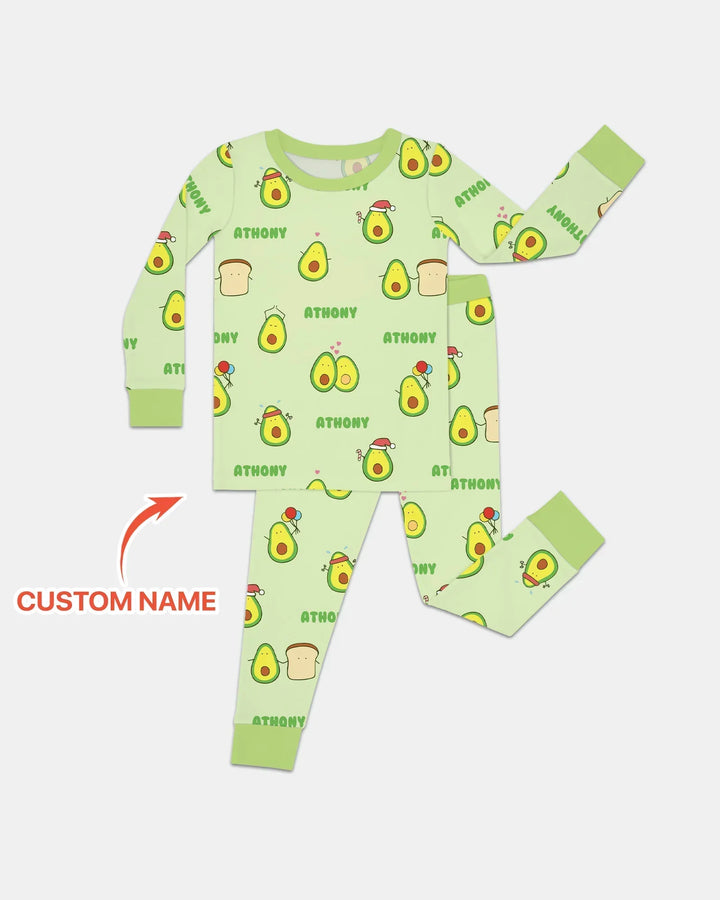 Custom Name Cute Avocado Bamboo Two Piece Long Sleeve Pajama Set