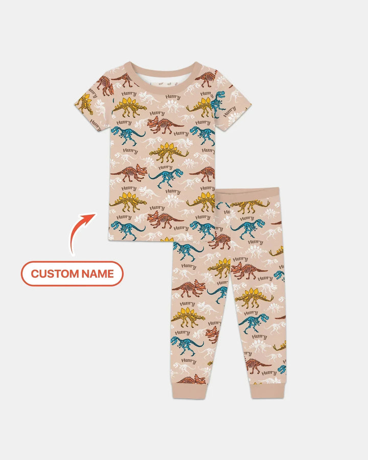 Dino Bones Parade Custom Name Bamboo Two Piece Short Sleeve Pajama Set