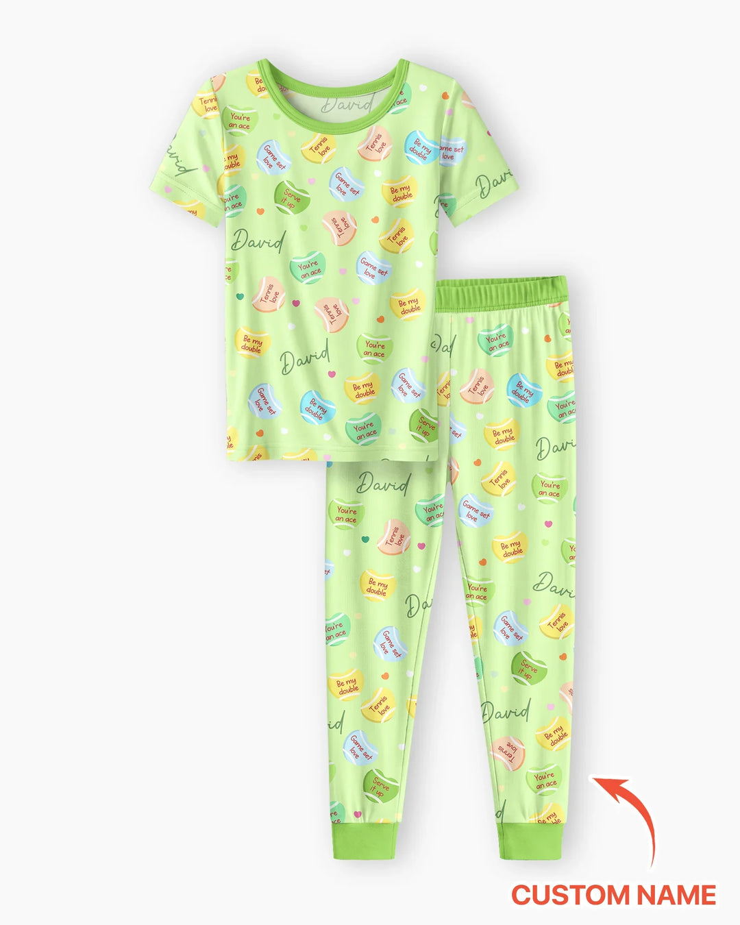 Custom Name Tennis Candy Hearts Bamboo Two Piece Short Sleeve Pajama Set