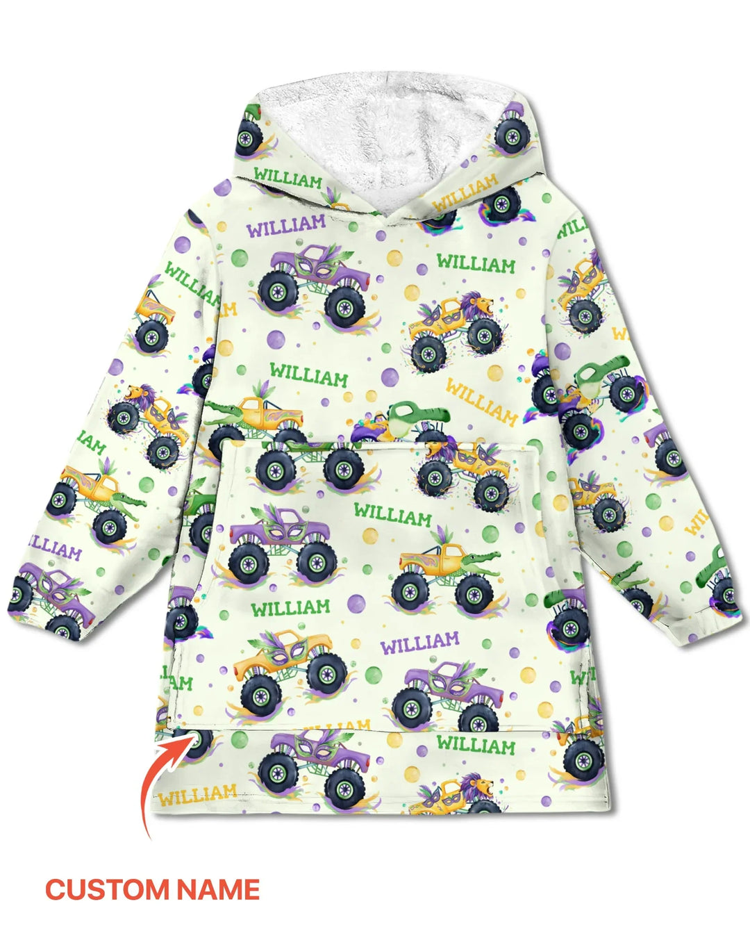 Custom Name Mardi Gras Monster Trucks Bamboo Blanket Hoodie