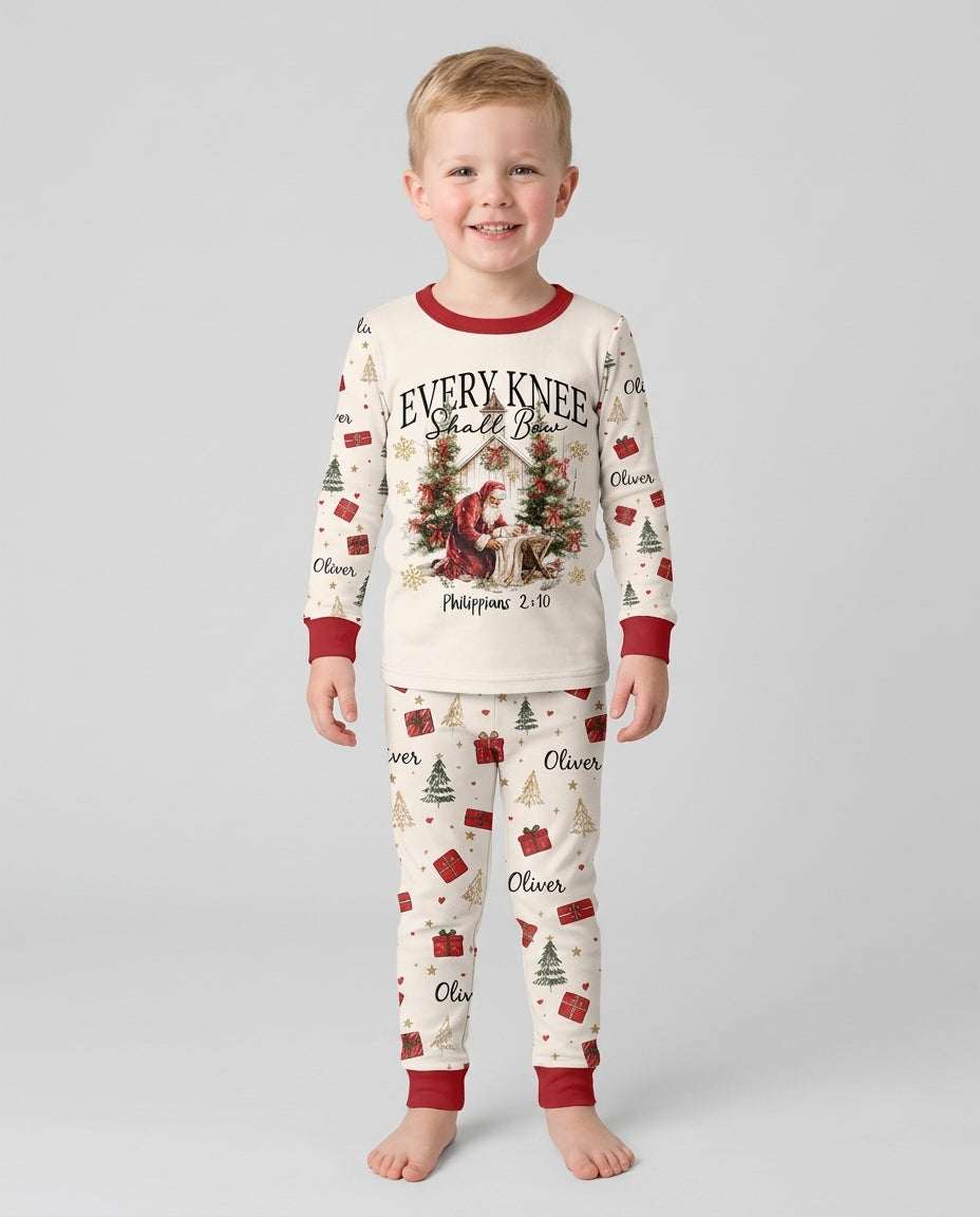 Every Knee Shall Bow Custom Name Mommy And Me Matching Bamboo Two Piece Long Sleeve Pajama Set