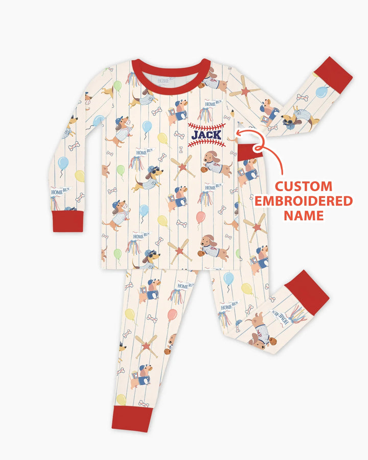 Personalized Embroidered Name Dachshund Baseball Bamboo Two Piece Long Sleeve Pajama Set
