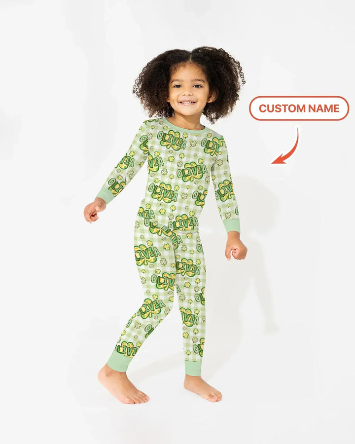Lucky Shamrock Custom Name Bamboo Two Piece Long Sleeve Pajama Set