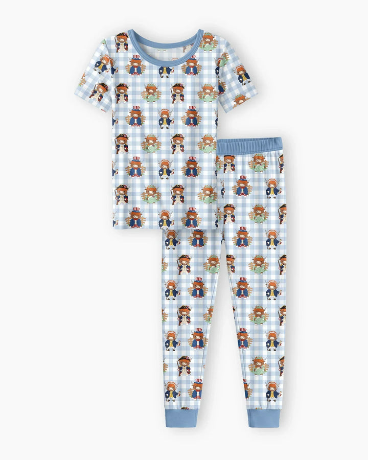 Patriotic 4th of July Highland Cow Bamboo Two Piece Short Sleeve Pajama Set