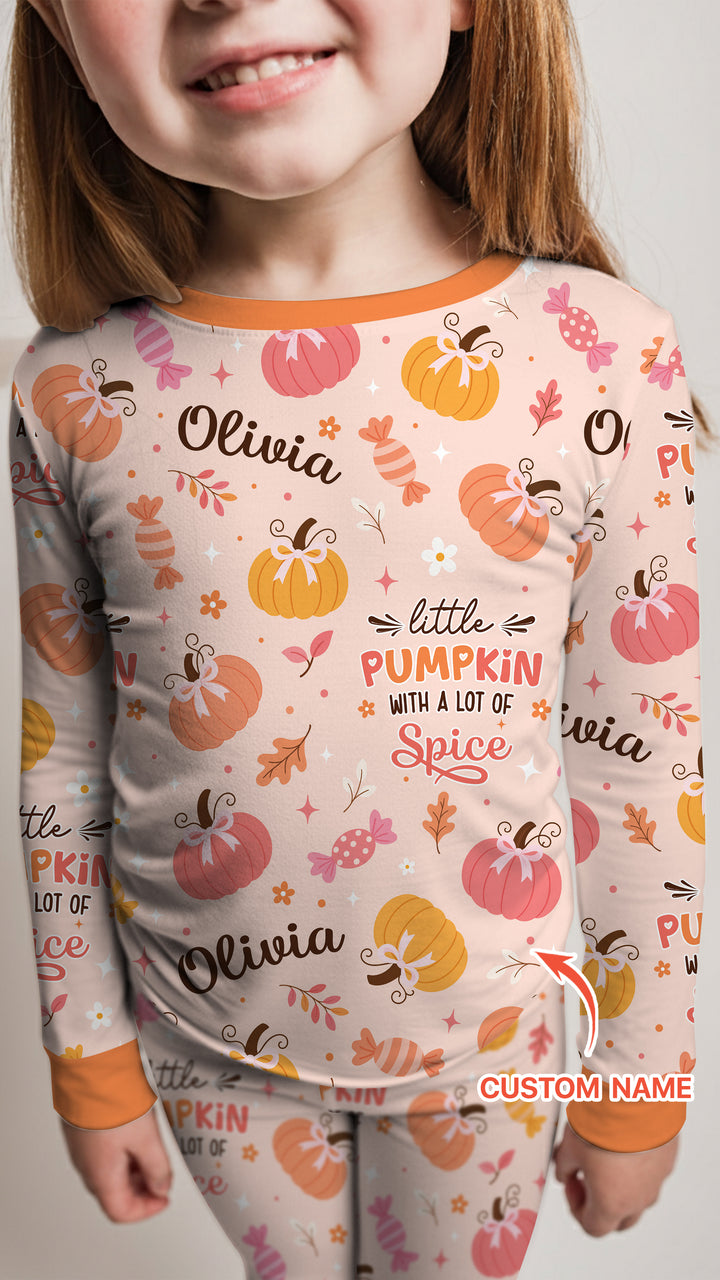 Custom Name Little Pumpkin With A Lot Of Spice Bamboo Two Piece Long Sleeve Pajama Set