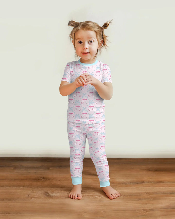 Cherry Baseball Softball Mom and Girl Matching Bamboo Two Piece Short Sleeve Pajama Set