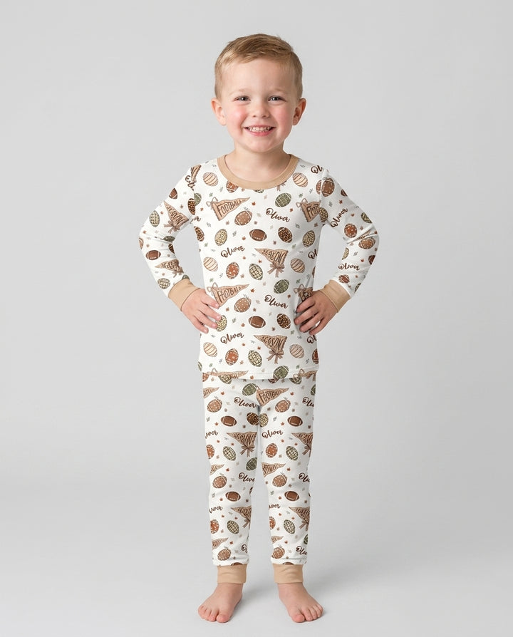 Custom Name Football Fall Season Bamboo Two Piece Long Sleeve Pajama Set