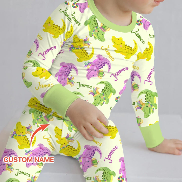Custom Name Mardi Gras Alligator Bamboo Two Piece Long Sleeve Pajama Set
