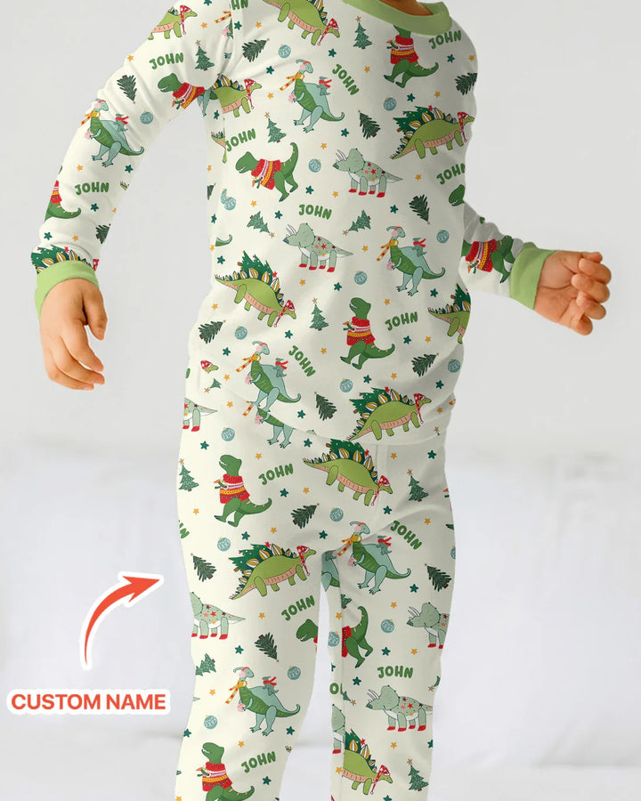 Custom Name Dinosaurs Christmas Tree Bamboo Two Piece Long Sleeve Pajama Set