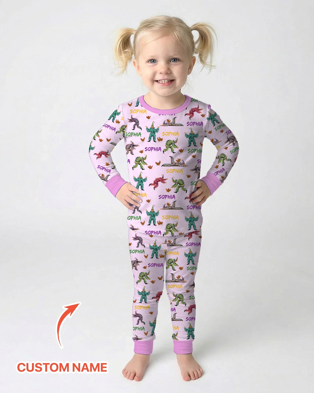 Custom Name Mardi Gras Chicken Chase Family Matching Bamboo Two Piece Long Sleeve Pajama Set