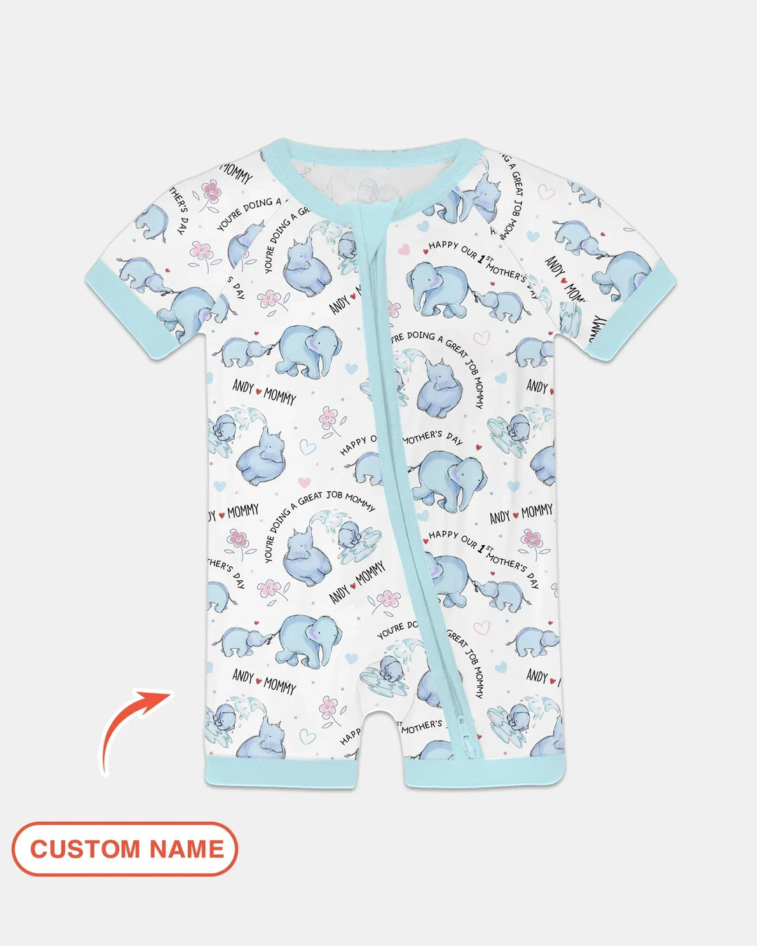Custom Name Mother & Baby Elephant Bamboo Shorty Zippy