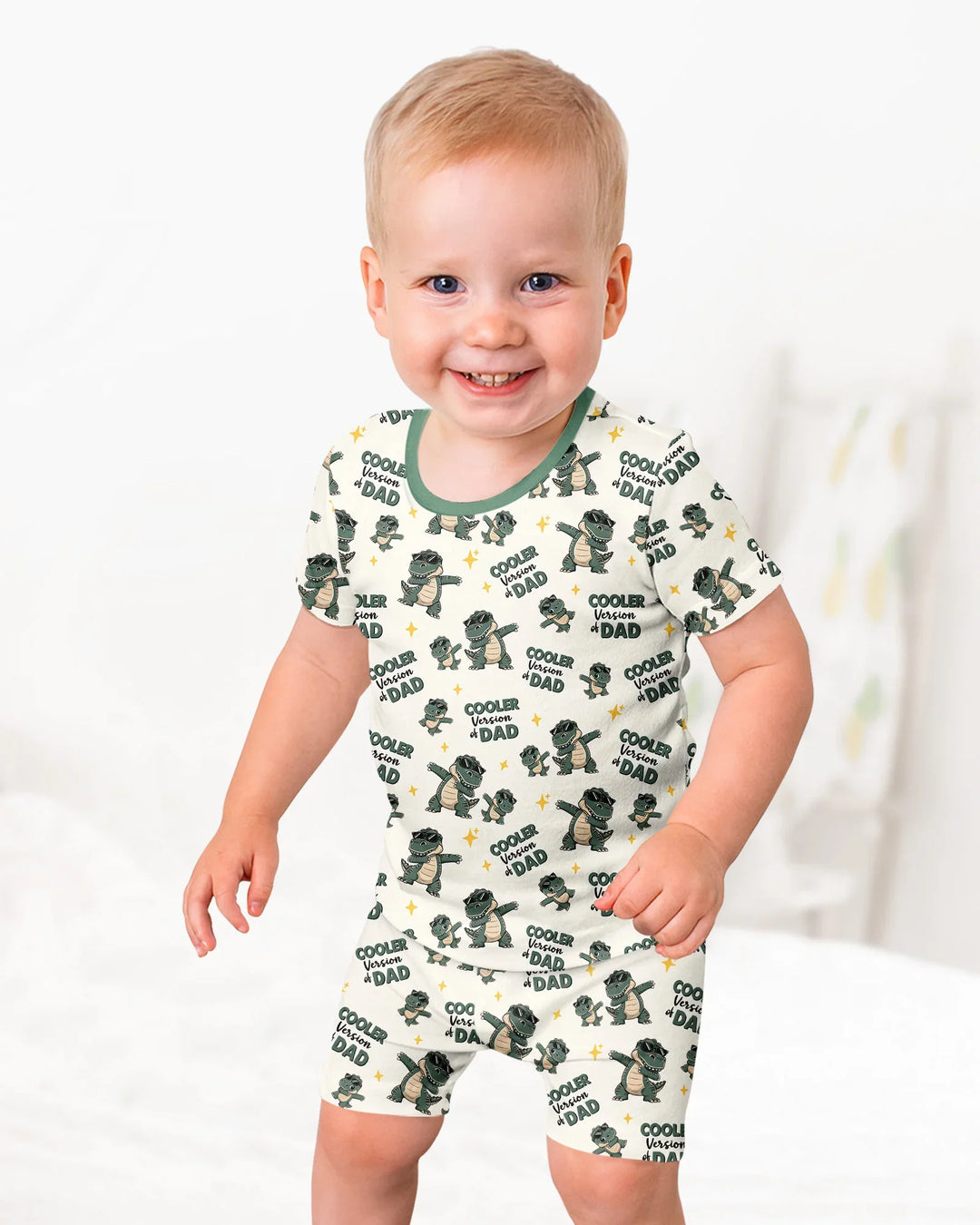 Cool Dino Daddy & Me Matching Bamboo Two Piece Short Sleeve Shorts Pajama Set