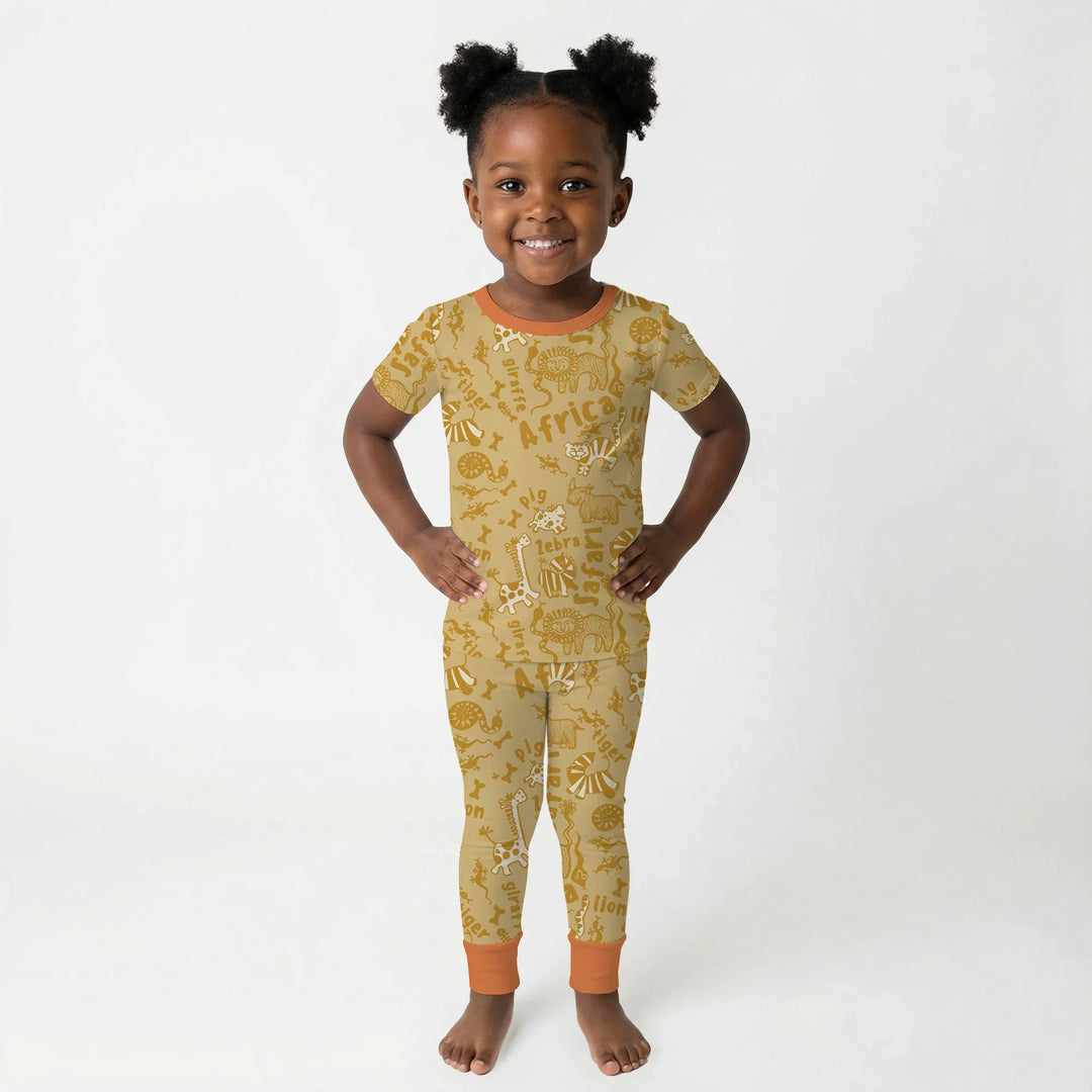 Handdrawn African Animals Bamboo Two Piece Short Sleeve Pajama Set