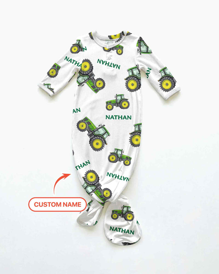 Custom Name Green Tractors Matching Daddy & Me Bamboo Knot Gown