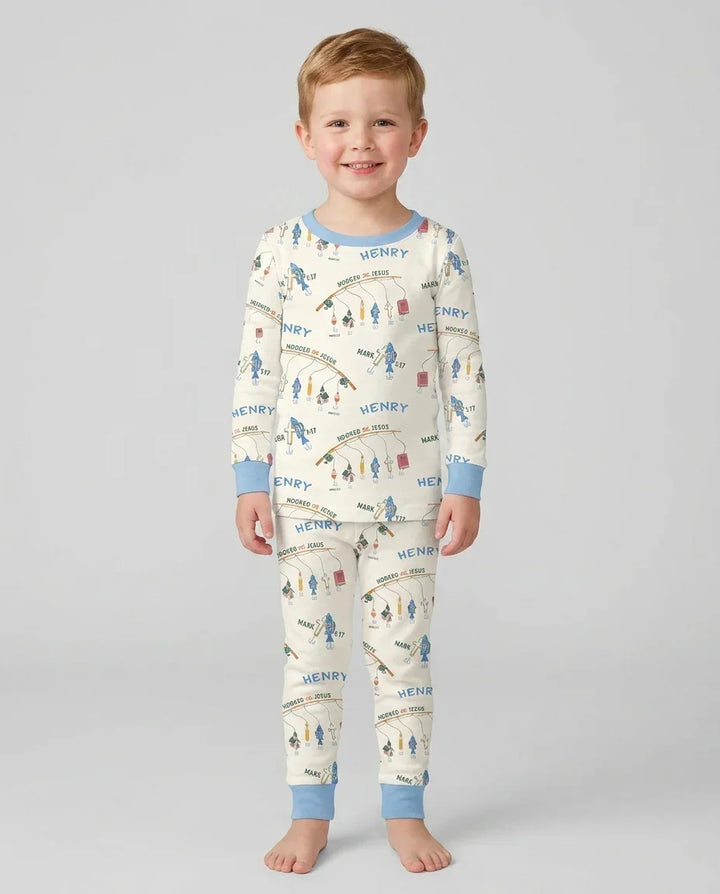 Hooked On Jesus Fishing Matching Bamboo Two Piece Long Sleeve Pajama Set