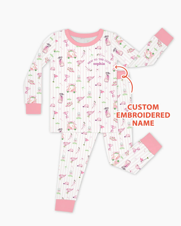 Personalized Embroidered Golf Baby Girl Bamboo Two Piece Long Sleeve Pajama Set