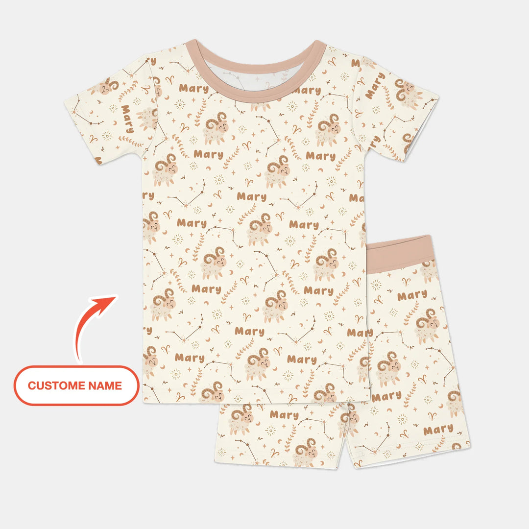 Bohemian Baby Zodiac Signs Custom Name Bamboo Two Piece Short Sleeve Shorts Pajama Set