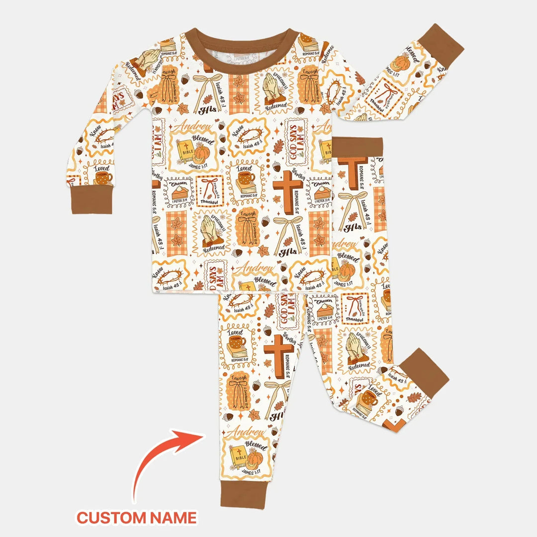 Custom Name I Am Thankful For Jesus Two Piece Long Sleeve Pajama Set , Custom Name I Am Thankful For Jesus Two Piece Long Sleeve Pajama Set - 12-18M