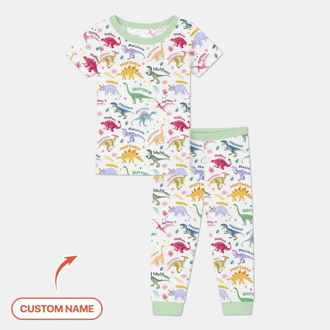 Dino Roar Custom Name Bamboo Two Piece Short Sleeve Pajama Set