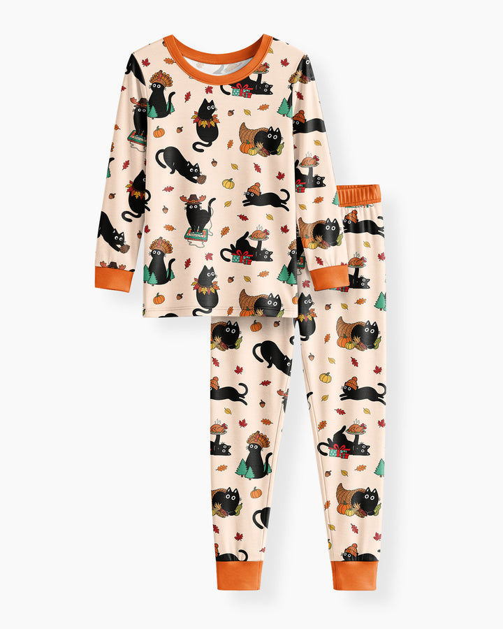 Cozy Cat On Thanksgiving Bamboo Two Piece Long Sleeve Pajama Set