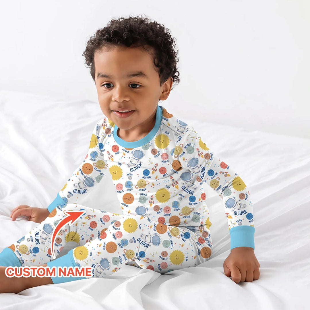 Custom Name Little's Kid into Universer Bamboo Two Piece Long Sleeve Pajama Set