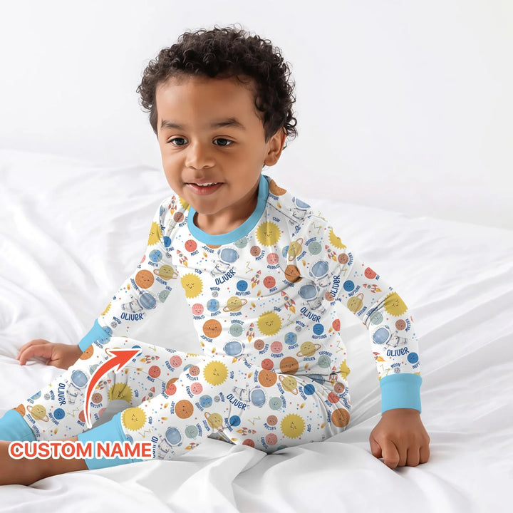 Custom Name Little's Kid into Universer Bamboo Two Piece Long Sleeve Pajama Set
