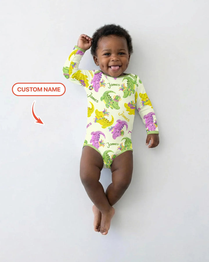 Custom Name Mardi Gras Alligator Bamboo Bodysuit