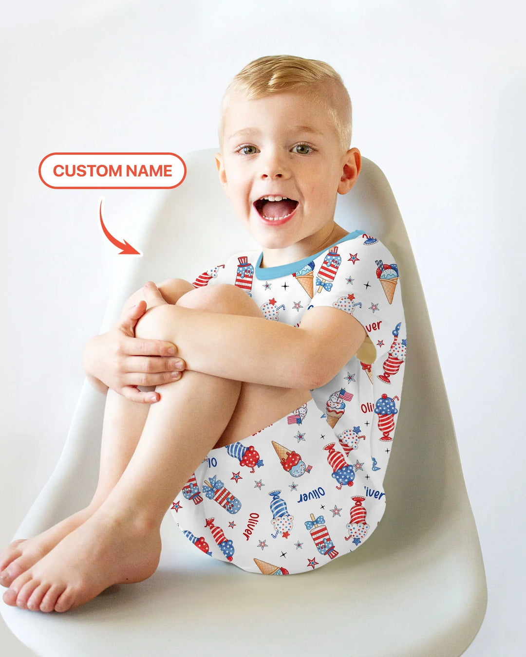 Custom Name Red, White & Ice Cream Bamboo Two Piece Short Sleeve Shorts Pajama Set
