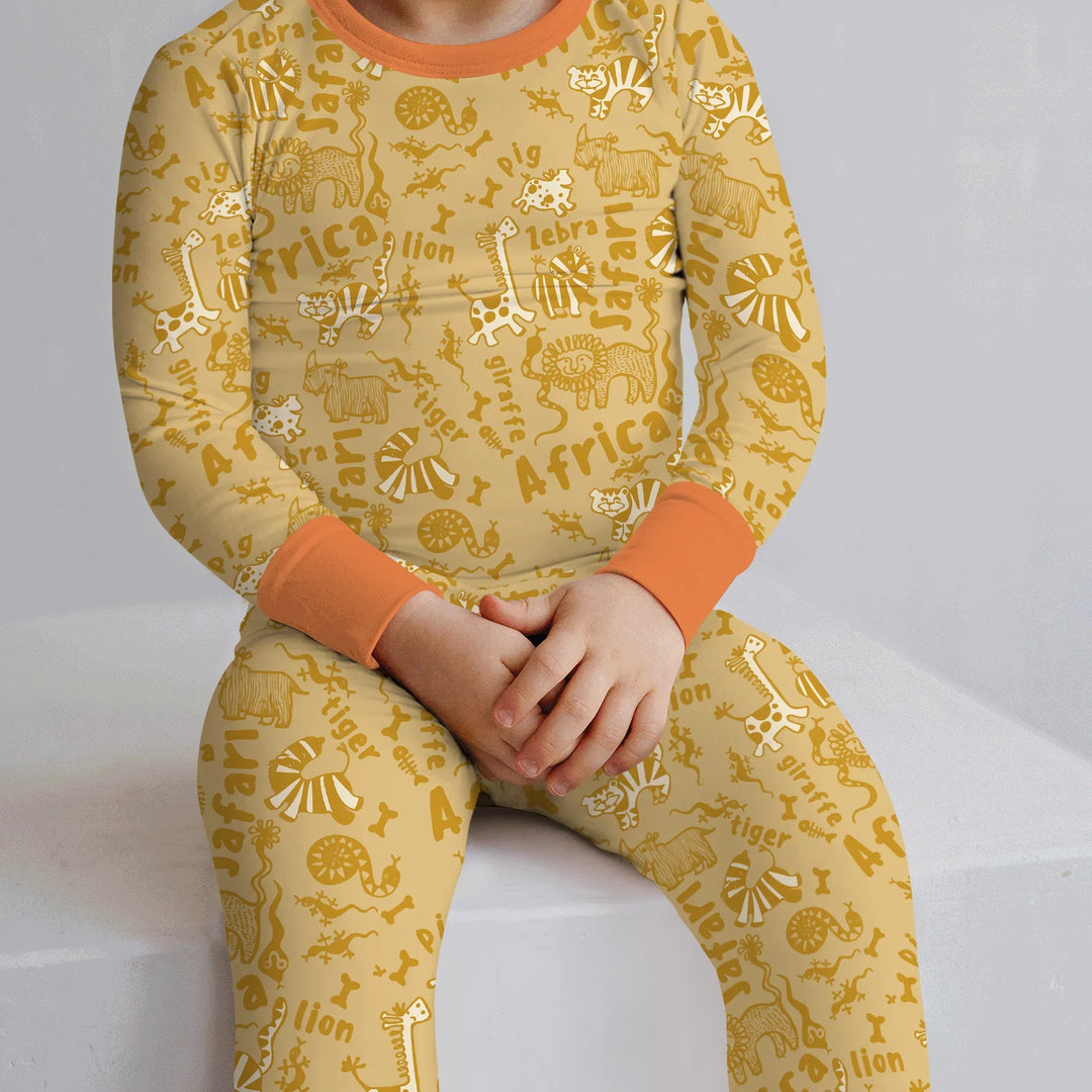 Handdrawn African Animals Bamboo Two Piece Long Sleeve Pajama Set