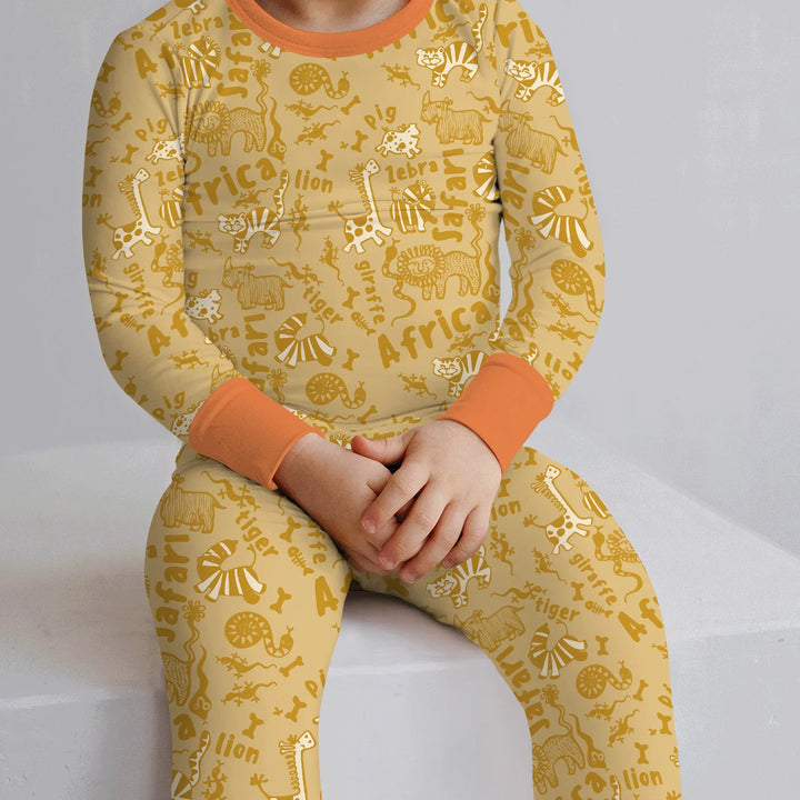 Handdrawn African Animals Bamboo Two Piece Long Sleeve Pajama Set