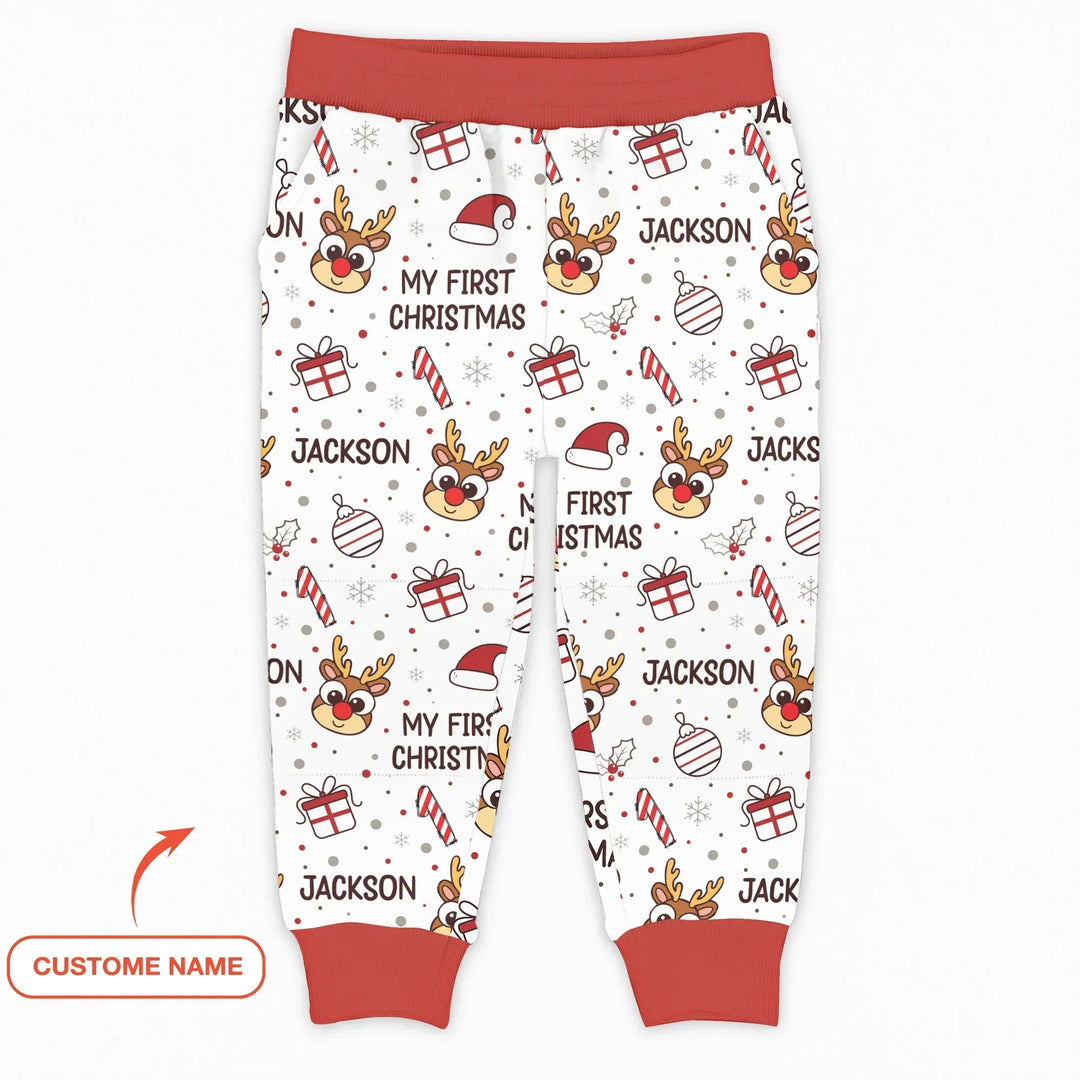 Custom Name Reindeer Doodle My First Christmas Bamboo Jogger