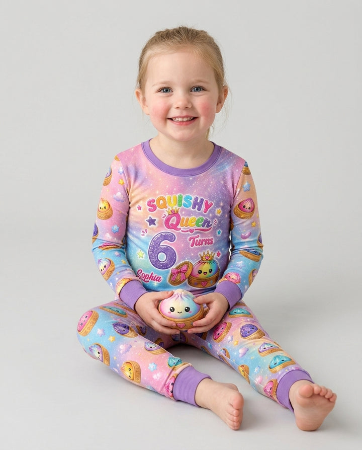 Glitter Dumpling Birthday Girl Custom Name & Age Bamboo Two Piece Long Sleeve Pajama Set