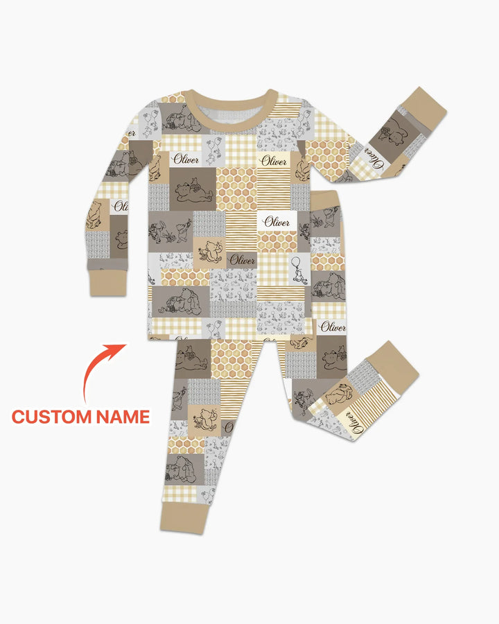 Personalized Classic Bear Patchwork  Bamboo Two Piece Long Sleeve Pajama Set