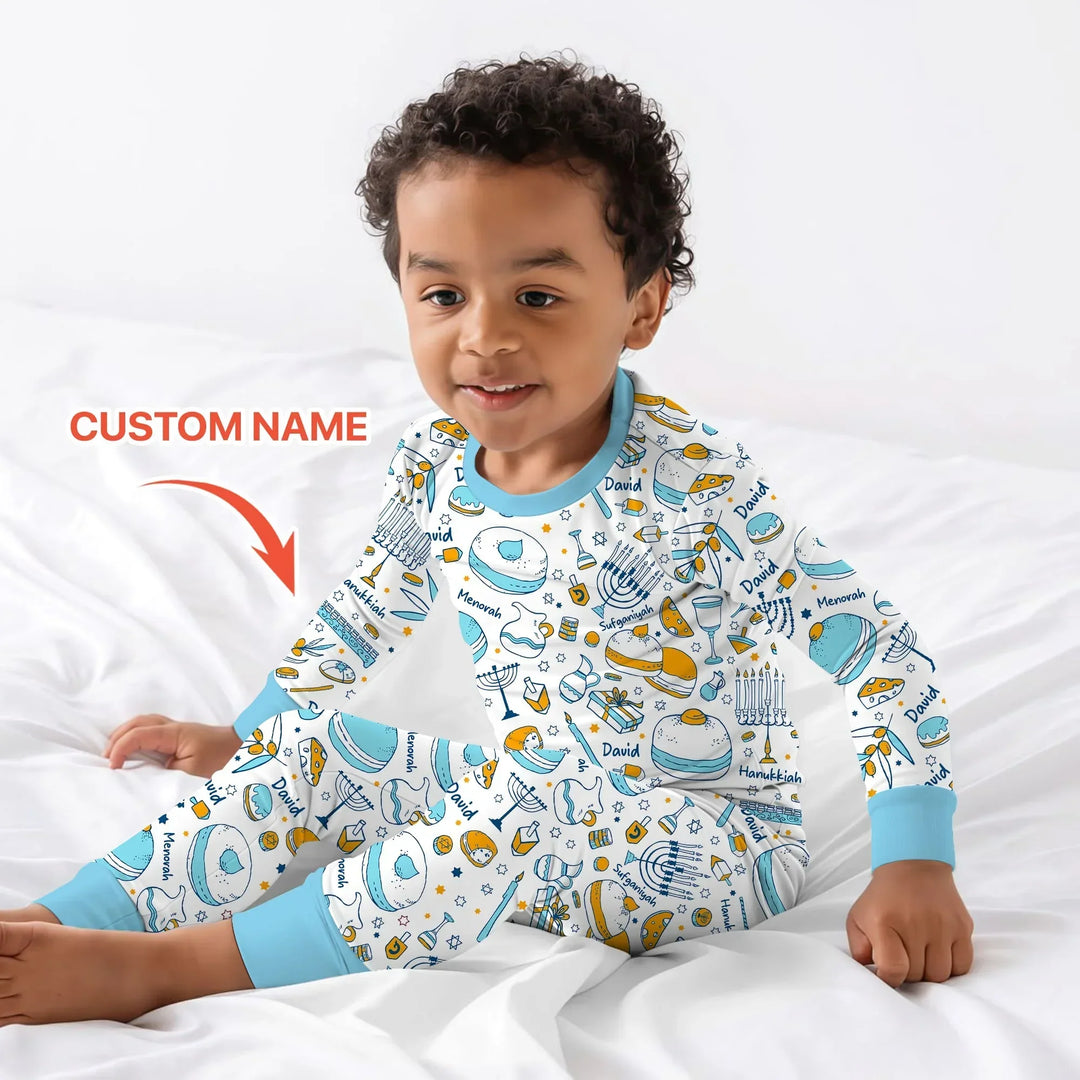 Happy Hanukkah Doodles Custom Name Family Matching Bamboo Two Piece Long Sleeve Pajama Set