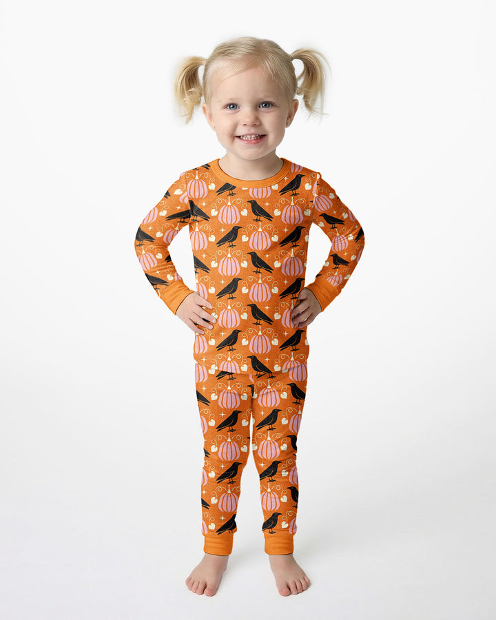 Ravens in a Pumpkin Patch - Orange Pink Bamboo Two Piece Long Sleeve Pajama Set