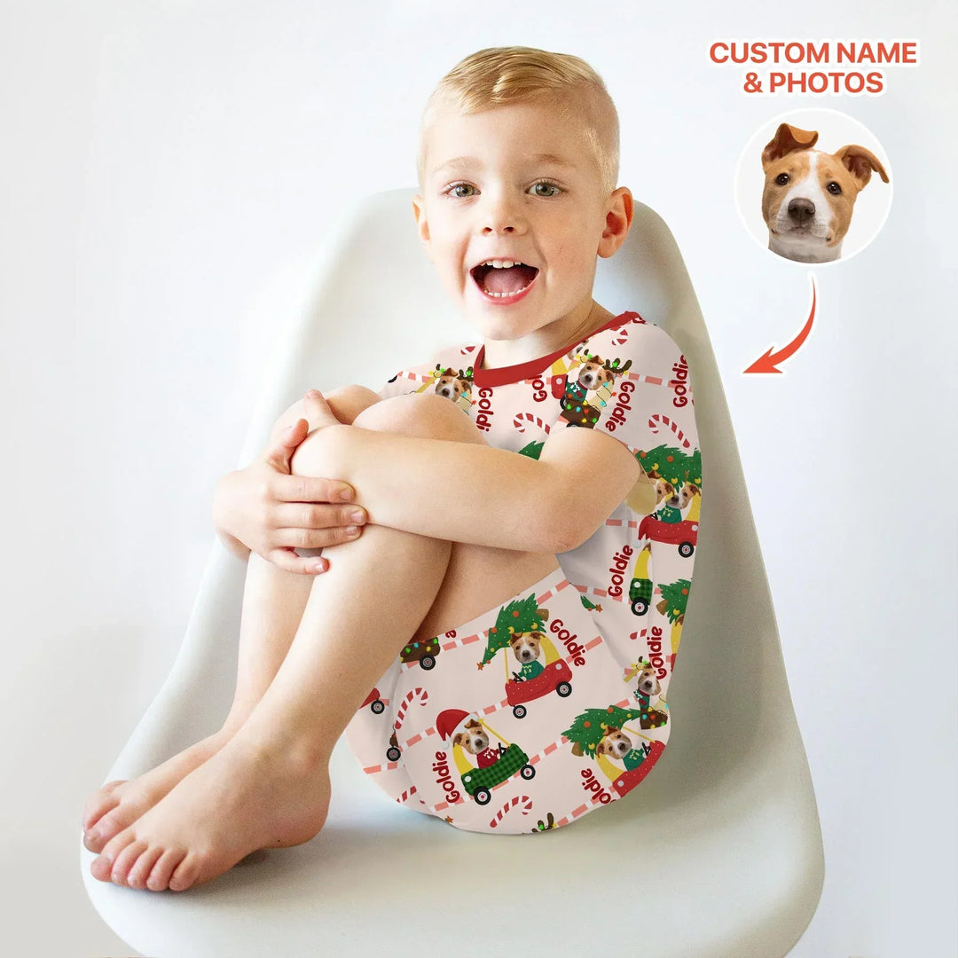 Custom Pet Photo Christmas Tikes Car Bamboo Two Piece Short Sleeve Shorts Pajama Set