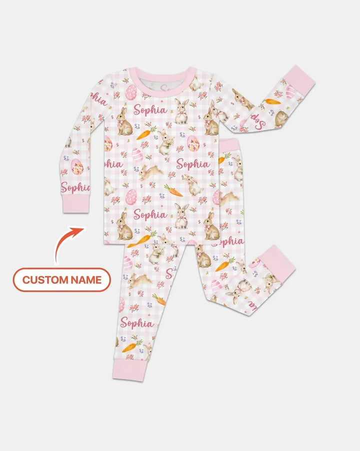 Custom Name Bunny Garden Bamboo Two Piece Long Sleeve Pajama Set