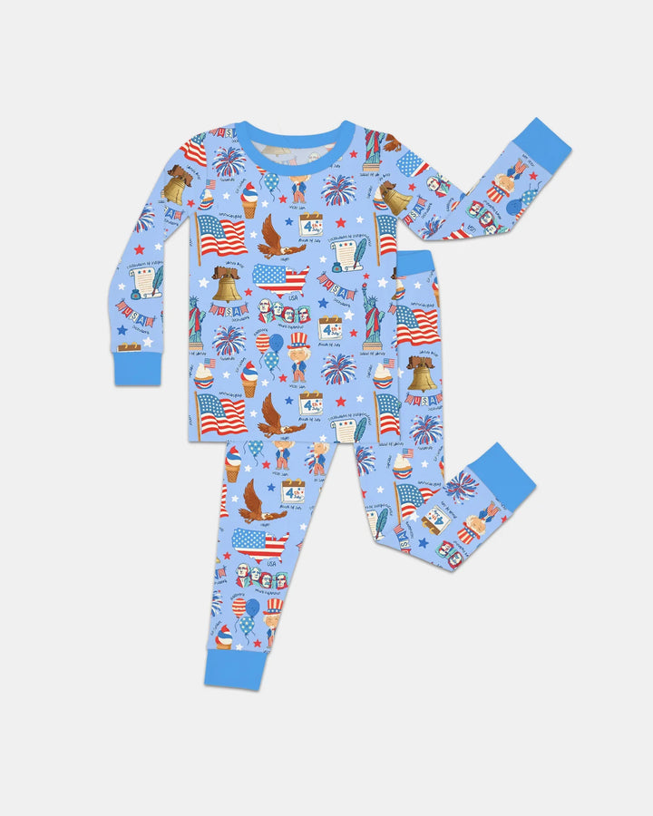 Hand Drawn Patriotic Iconic Bamboo Two Piece Long Sleeve Pajama Set
