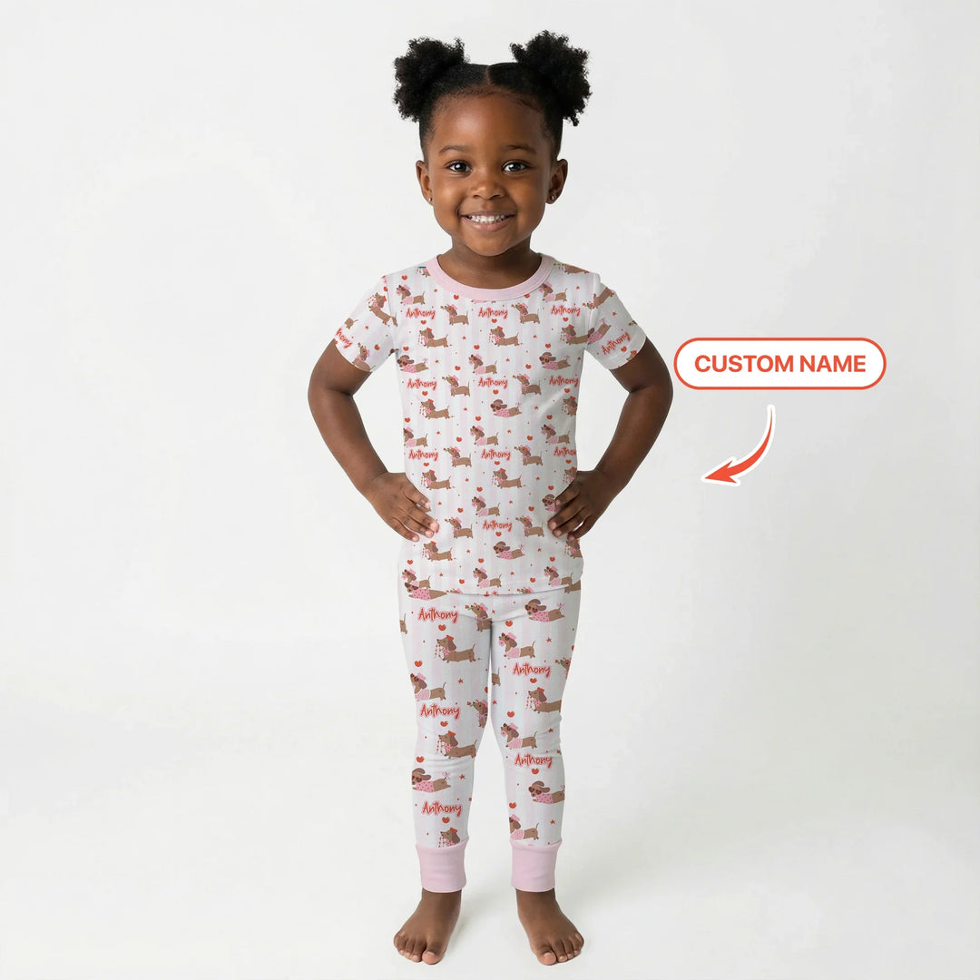 Custom Name Valentine Dachshund Family Matching Bamboo Two Piece Short Sleeve Pajama Set