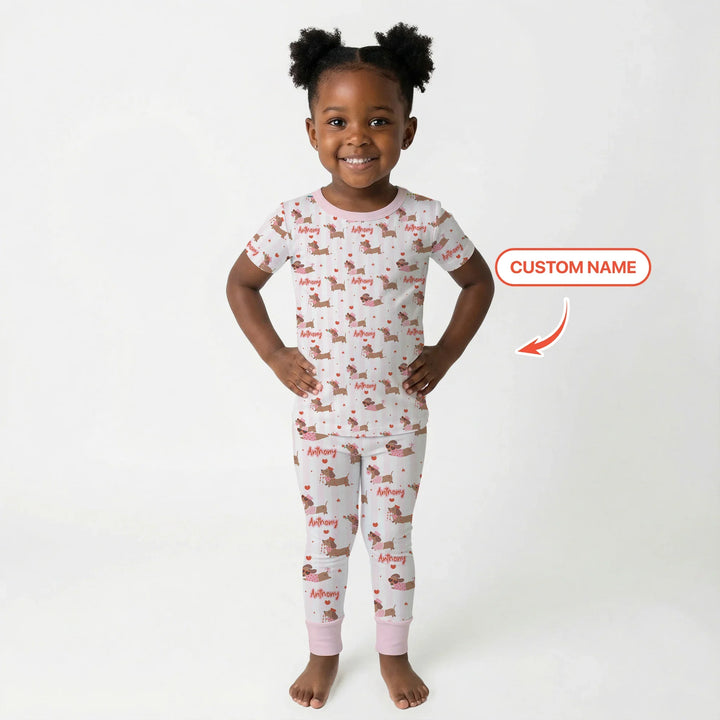 Custom Name Valentine Dachshund Family Matching Bamboo Two Piece Short Sleeve Pajama Set