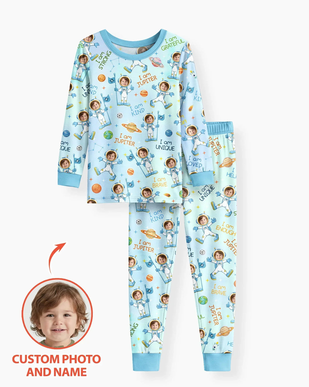 Custom Photo Kid Affirmations I Am Kind Astronaut Bamboo Two Piece Long Sleeve Pajama Set
