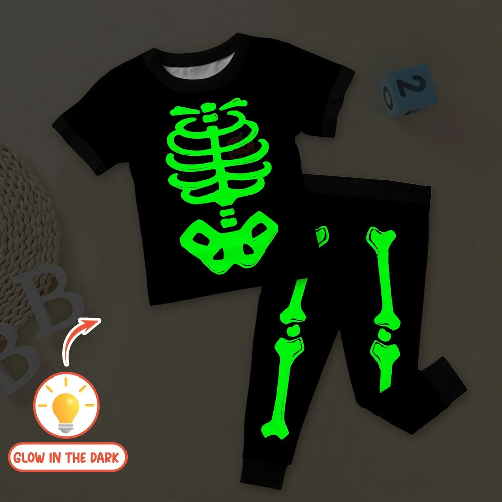 Halloween Glow In The Dark Skeleton Two Piece Short Sleeve Pajama Set , Halloween Glow In The Dark Skeleton Two Piece Short Sleeve Pajama Set - 12-18M