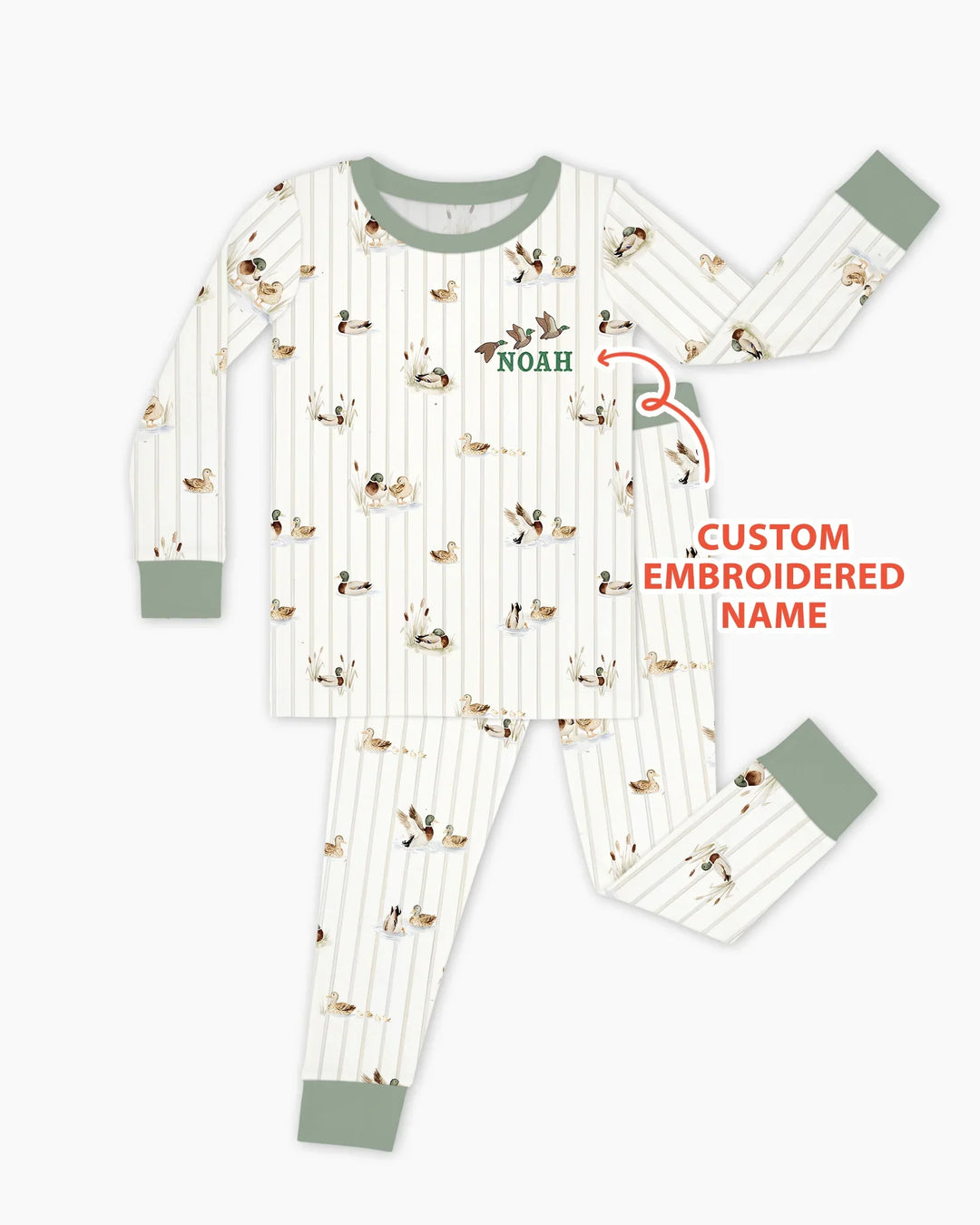Custom Embroidered Name Mallard Duck  Bamboo Two Piece Long Sleeve Pajama Set