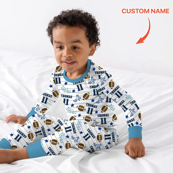 Custom Name Football Time Bamboo Two Piece Long Sleeve Pajama Set