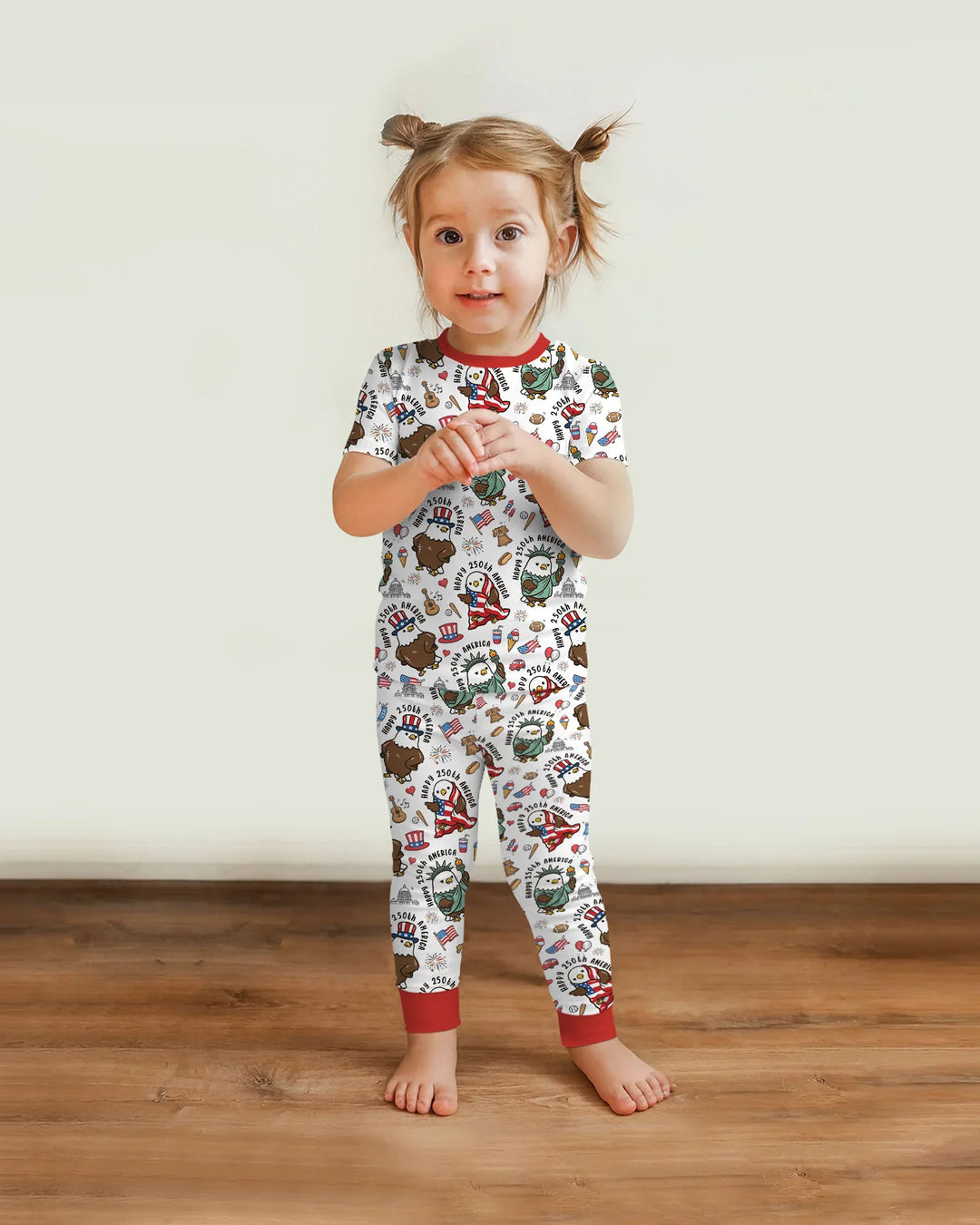 Happy 250th America Cute Patriotic Eagles Family Matching Bamboo Two Piece Short Sleeve Pajama Set