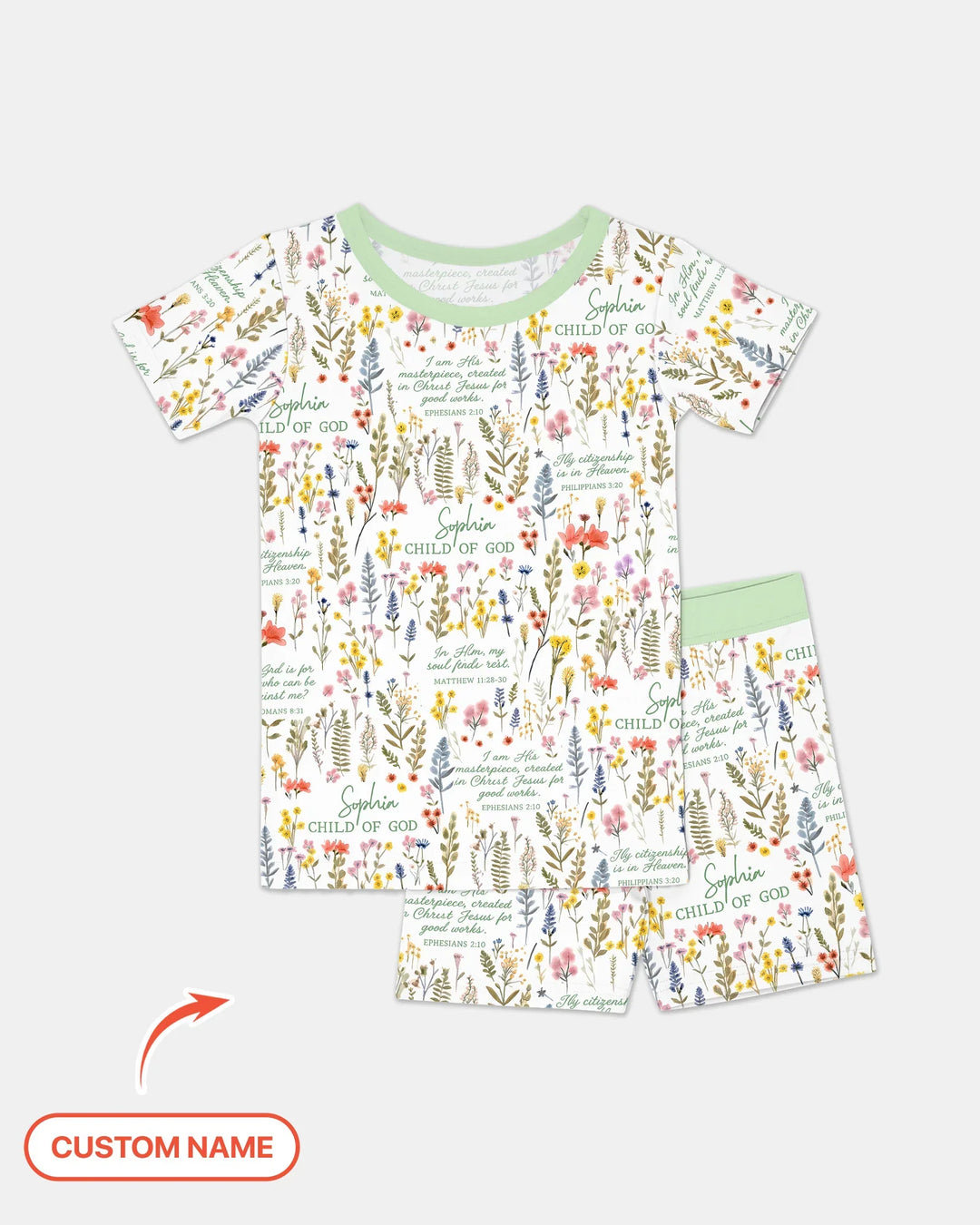 Custom Name Child of God Flower Garden Bamboo Two Piece Short Sleeve Shorts Pajama Set