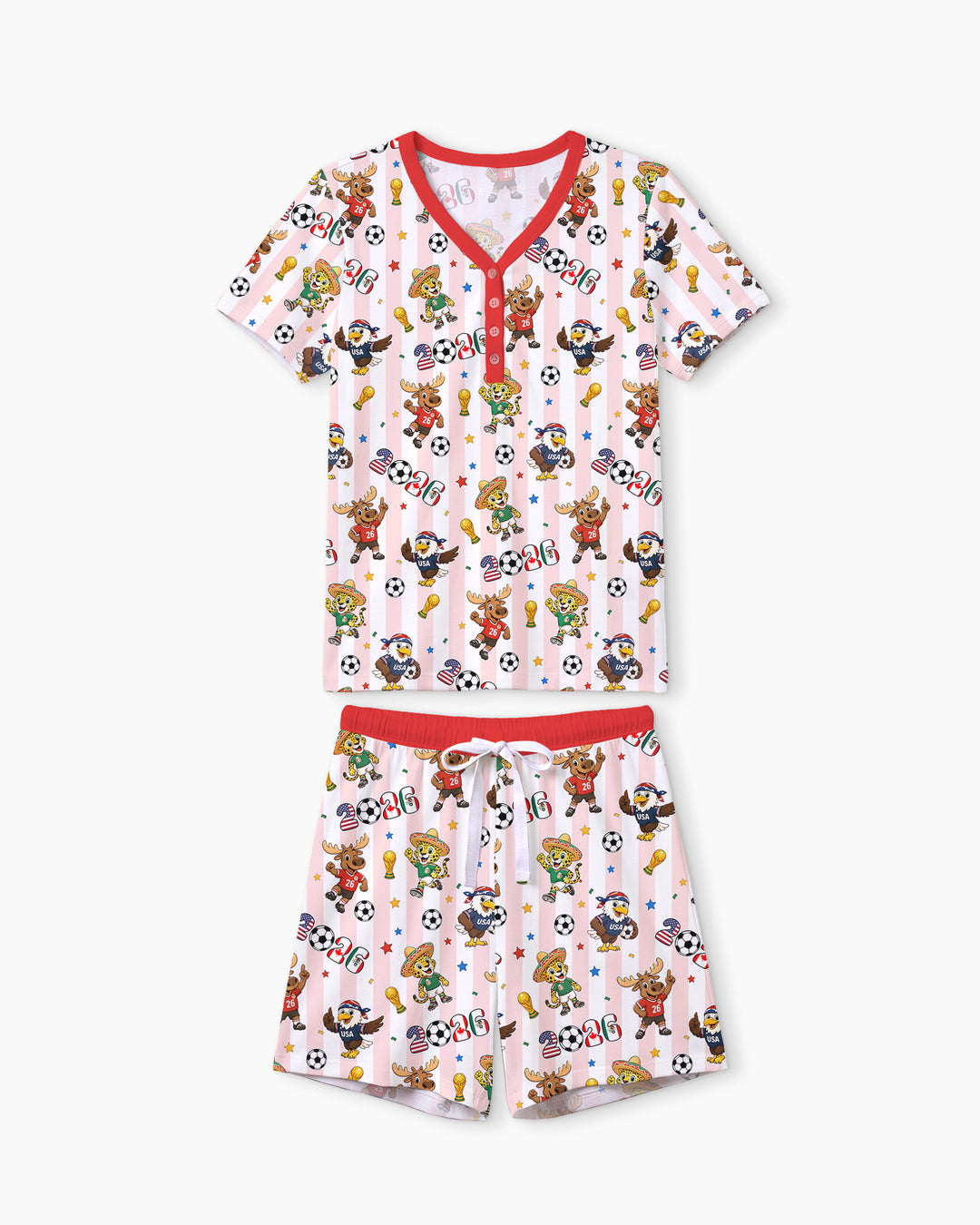 Striped Cute Mascots Soccer Cup 2026 Bamboo Men Short Sleeve Short Pajama Set