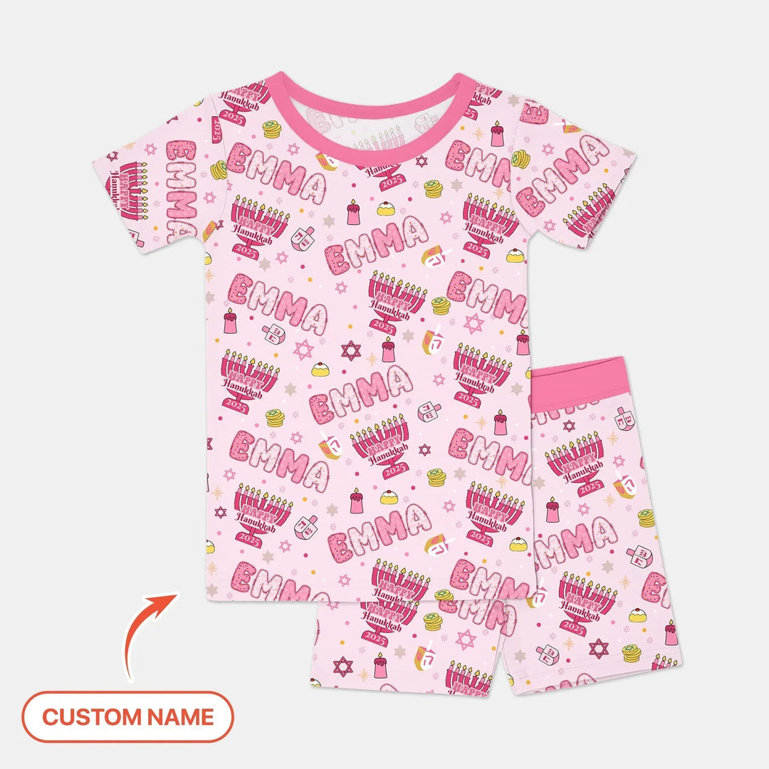 Custom name Happy Hanukkah 2025 Bamboo Two Piece Short Sleeve Shorts Pajama Set